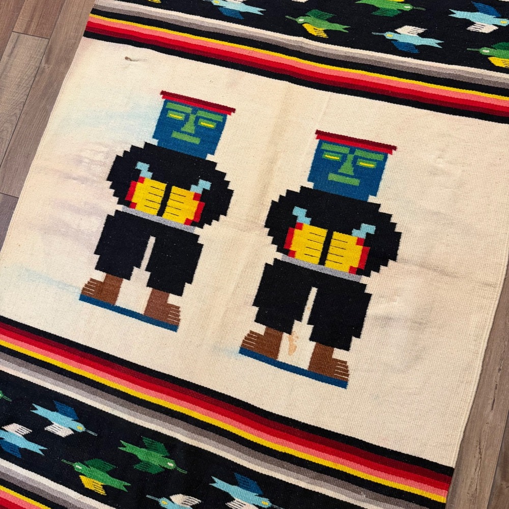 Vintage Zapotec Mexican Wool Rug Handwoven Pictorial Figural Birds 48x80 Oaxacan - Picture 8 of 9